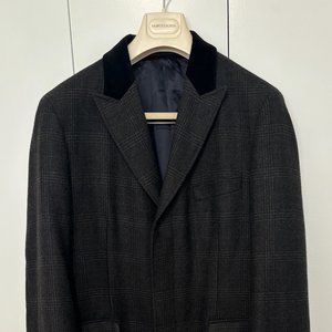 Brooks Brothers Grey Plaid Chesterfield Overcoat Topcoat, Wool, Velvet; M-L